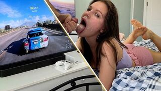 Girl was playing Xbox when she got an unexpected deepthroat blowjob