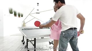 The blonde loses a bet to her boyfriend in a ping-pong match