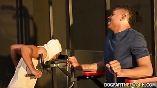 Kay Carter gets fucked by two black men in the gym