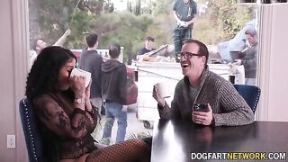 Ebony babe Paris The Muse gets her mouth full with ten big white dicks