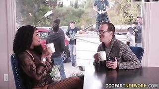Ebony babe Paris The Muse gets her mouth full with ten big white dicks