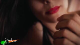 Stepmom wearing red lips kisses my cock and sucks it