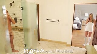Athena Faris sneaks into the shower with her stepdad, setting the stage for a steamy encounter