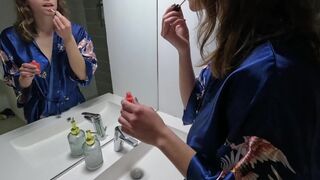A French beauty with big tits gets fucked in the bathroom early in the morning