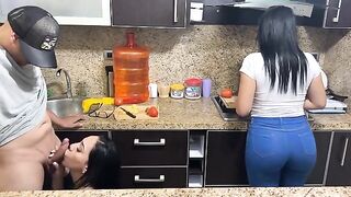 Appetizing 18-year-old step-daughters cook and have sex with their step-fathers in the kitchen