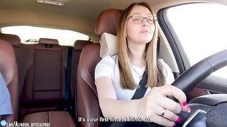 The stepson is having fun with the stepmom in the car