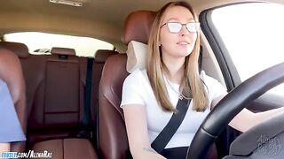 The stepson is having fun with the stepmom in the car