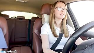 The stepson is having fun with the stepmom in the car