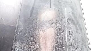 Babe masturbates to squirting orgasm in the shower, her pussy drenched with wetness