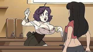 A woman works as a barista in a coffee shop, using her boobs to squeeze the milk