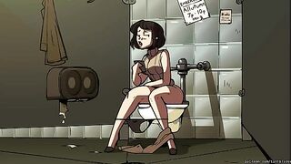 A woman works as a barista in a coffee shop, using her boobs to squeeze the milk