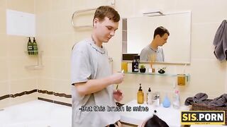 The toothbrush and cock of a guy in the bathroom