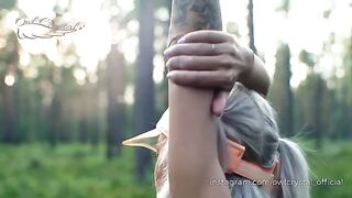 A girl was jogging in the woods and met her neighbor, who she sucked