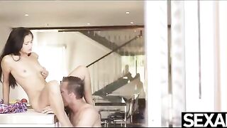 Petite brunette gets bent over the kitchen table