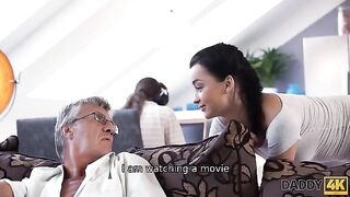 Old man fucked his son's young girlfriend, ending with a messy face