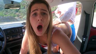 A blonde is fucking like a whore in the car on public parking, damn!