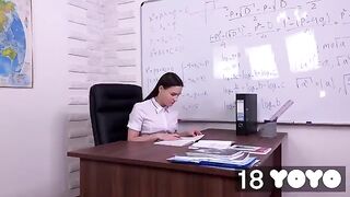 A girl dreams of fucking her teacher and does it in his chair