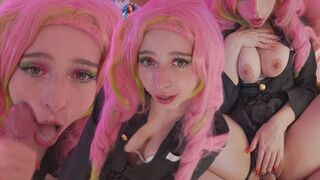 The beautiful Mitsuri Kanroji has sex with a guy and gets a lot of sperm on her face