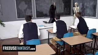 Hot curvy teacher Valentina Nappi fucked by three students in a classroom scene