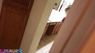 A stepmom prepares for bed while her stepson watches and indulges himself