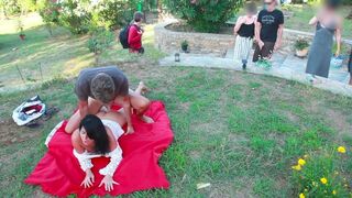 Brunette woman fucked by stranger on the meadow, receiving a creampie