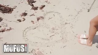 Petite brunette Vina Sky gets banged on the beach before getting her mouth full of cum