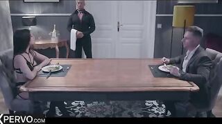 A dinner guest, stunning Clea Gaultier, becomes the main course for a swinging couple