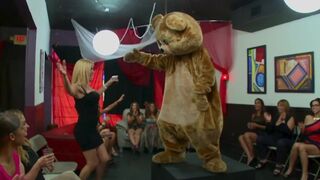 Dancing bear is spinning in the club and gets his dick sucked by many whores