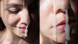 A juicy brunette with small boobs gets a huge cumshot on her face