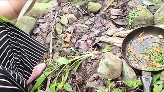 A hot single mom is cooking and having sex in the forest