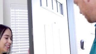 The petite girl is having fun with her tutor in a steamy session