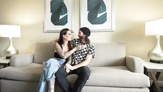 A sexy brunette girl is having her boyfriend's dick swallowed for the first time
