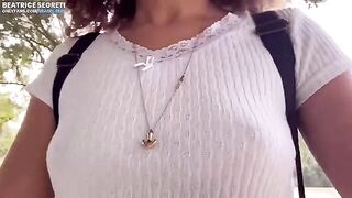 Babe masturbating publicly on the beach, with a stranger watching and admiring her