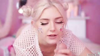 A beautiful girl with a nice figure gets a portion of hot sperm on her face
