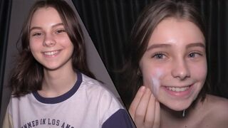 Submissive teen gets her pussy railed hard by a big cock, finishing with a messy cum shot