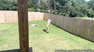 Barefoot blonde gets fucked on the backyard porch