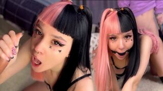 Emo babe with a hot pink haircut gets deepthroat and gagging action