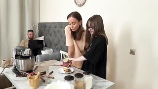 Two girlfriends have fun while making Russian syrniki at home