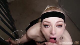 A blonde with blue eyes was deeply penetrated in the mouth by a cock