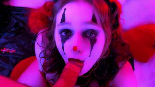 A kinky clown gets his cock sucked and facial by a redhead BJ slut