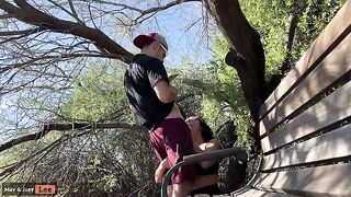 Busty girl almost caught giving a blowjob by the lake three times!
