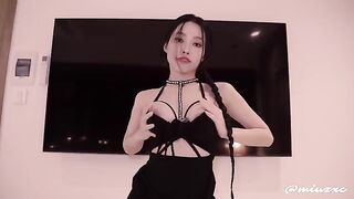Hot Asian girl in a black dress, high heels, squirts while I finish inside