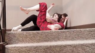 Perky stepsister flaunts her tits while going down stairs