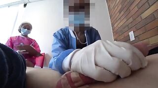 Two crazy nurses are checking a guy's cock in the hospital