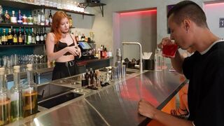 The cute customer had sex with a hot bartender in lingerie