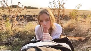 Beautiful Russian blonde has sex with a stranger in the forest and gets cum on her face
