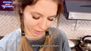 Flatmate girl doesn’t mind occasional sex in the kitchen, gets cum on her pigtails