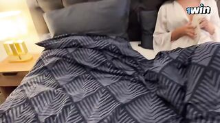 Stepson fucks his steaming stepmom on a rainy night, sharing a bed