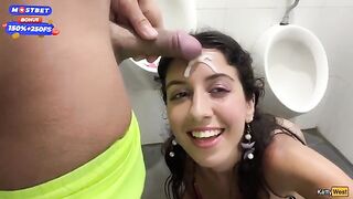 Public blowjob and cumwalk by a risky waterfall