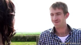 A juicy beauty gets fucked on a haystack by a guy
